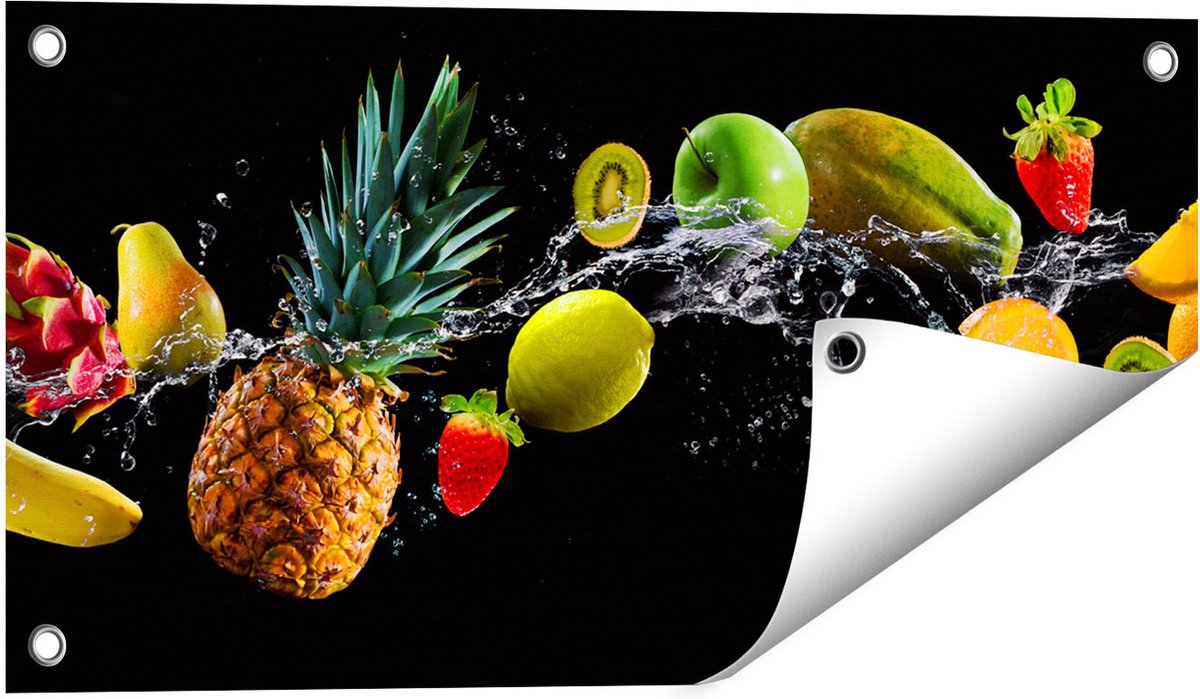 Gards Tuinposter Fruit met Water op Zwart Achtergrond - 60x30 cm - Tuindoek - Tuindecoratie - Wanddecoratie buiten - Tuinschilderij Multikleur