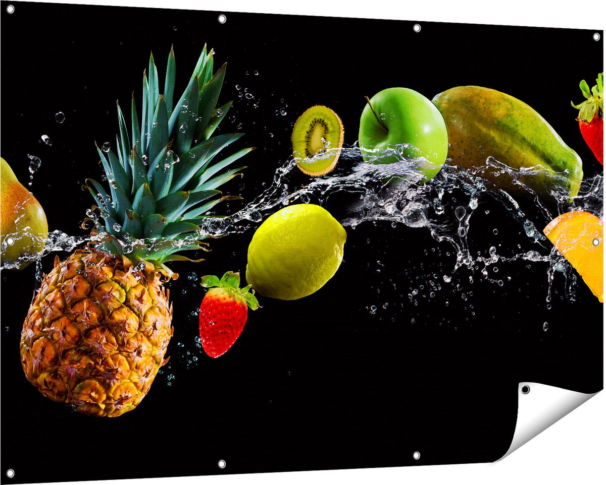 Gards Tuinposter Fruit met Water op Zwart Achtergrond - 150x100 cm - Tuindoek - Tuindecoratie - Wanddecoratie buiten - Tuinschilderij Multikleur