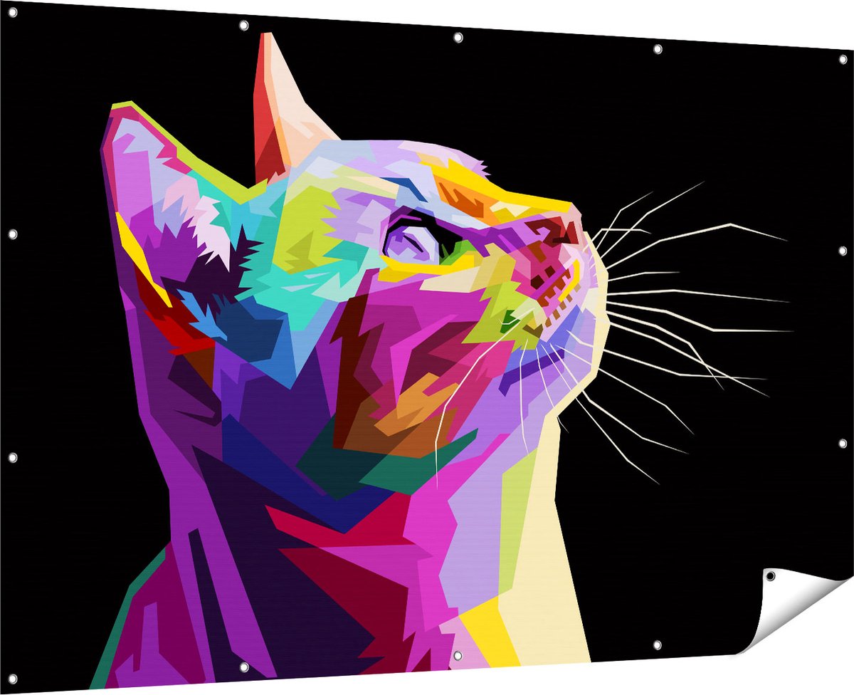 Gards Tuinposter Kleurrijke Kat Kijkt naar Boven - Abstract - 180x120 cm - Tuindoek - Tuindecoratie - Wanddecoratie buiten - Tuinschilderij Multikleur