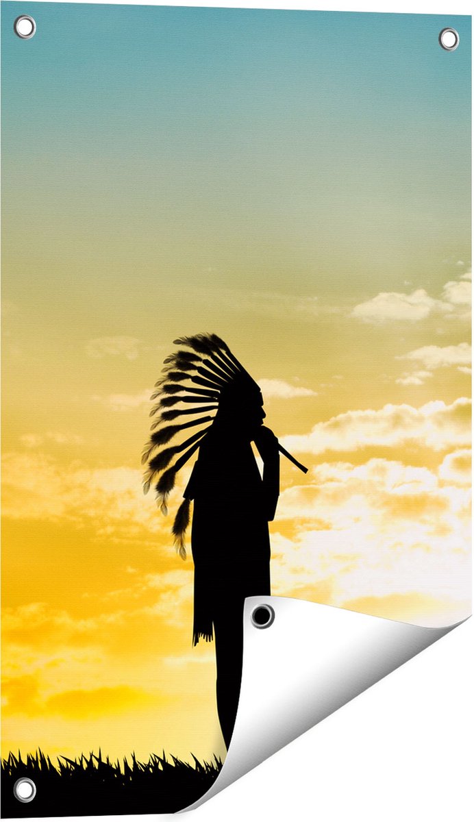 Gards Tuinposter Twee Silhouetten van Indianen bij Zonsondergang - 40x60 cm - Tuindoek - Tuindecoratie - Wanddecoratie buiten - Tuinschilderij Multikleur