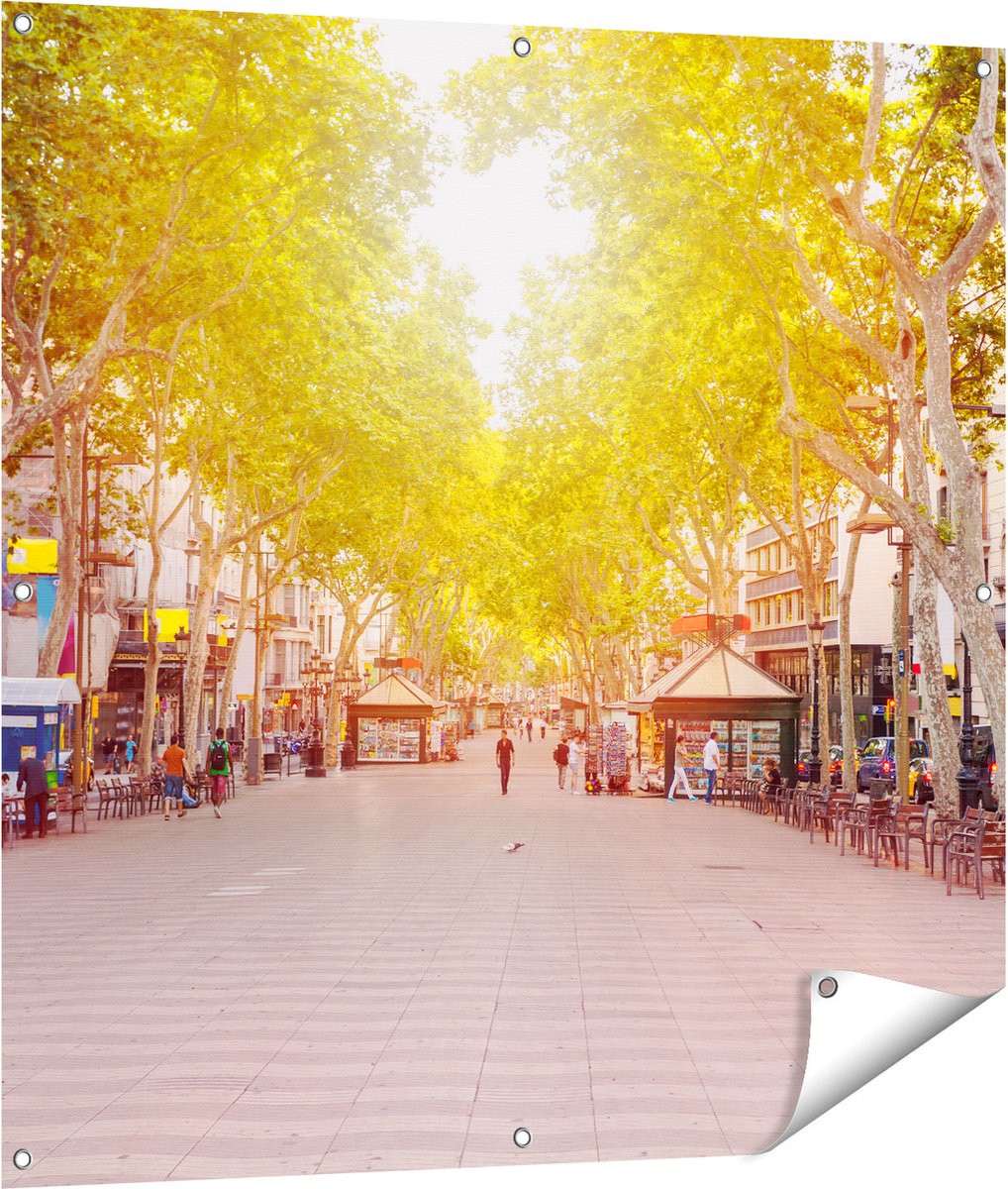 Gards Tuinposter De Ramblas Straat in Barcelona - 100x100 cm - Tuindoek - Tuindecoratie - Wanddecoratie buiten - Tuinschilderij Multikleur