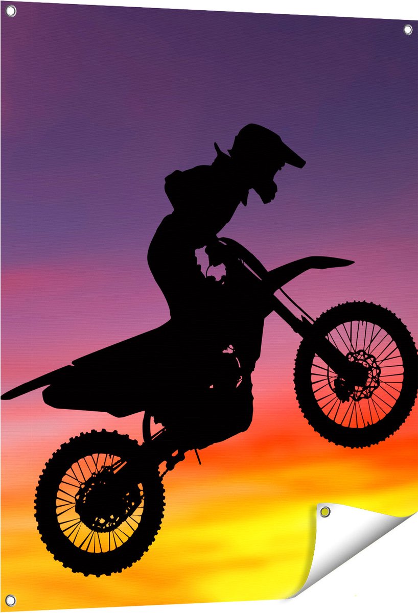 Gards Tuinposter Silhouet van een Motorcross in de Lucht - 80x100 cm - Tuindoek - Tuindecoratie - Wanddecoratie buiten - Tuinschilderij Multikleur