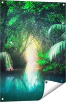 Gards Tuinposter Tropische Jungle met een Turquoise Meer - 60x80 cm - Tuindoek - Tuindecoratie - Wanddecoratie buiten - Tuinschilderij