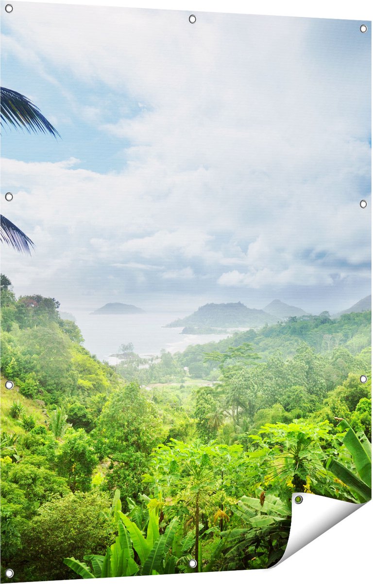 Gards Tuinposter Jungle Uitzicht op de Seychellen - 90x120 cm - Tuindoek - Tuindecoratie - Wanddecoratie buiten - Tuinschilderij Multikleur