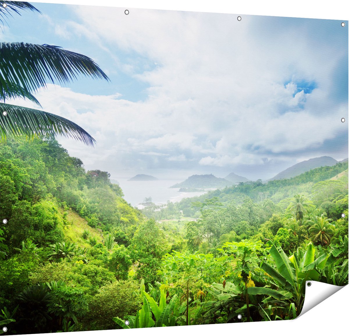 Gards Tuinposter Jungle Uitzicht op de Seychellen - 150x120 cm - Tuindoek - Tuindecoratie - Wanddecoratie buiten - Tuinschilderij Multikleur