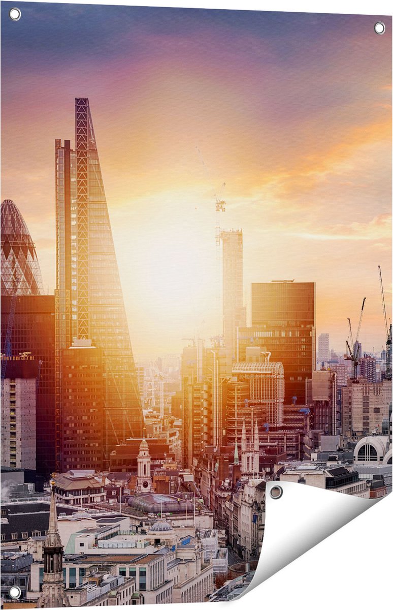 Gards Tuinposter Londen Stad bij Zonsopgang - 60x80 cm - Tuindoek - Tuindecoratie - Wanddecoratie buiten - Tuinschilderij Multikleur