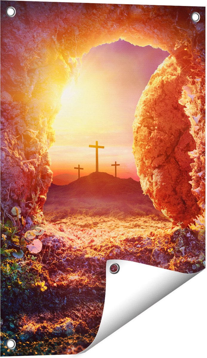Gards Tuinposter Kruisiging bij Zonsopgang - Opstanding Jezus - 40x60 cm - Tuindoek - Tuindecoratie - Wanddecoratie buiten - Tuinschilderij Multikleur