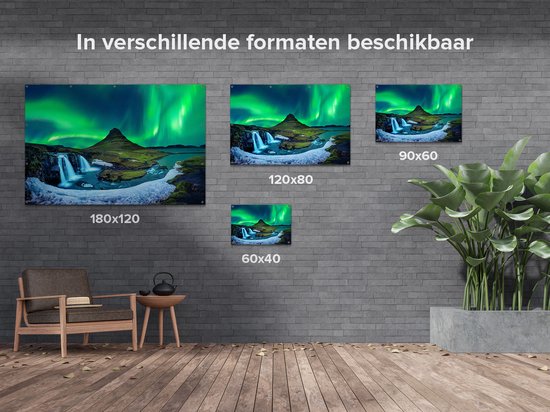 Gards Tuinposter Noorderlicht bij de Watervallen in IJsland - 120x80 cm - Tuindoek - Tuindecoratie - Wanddecoratie buiten - Tuinschilderij