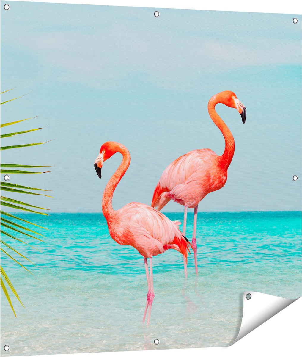 Gards Tuinposter Twee Flamingo's in het Water - 100x100 cm - Tuindoek - Tuindecoratie - Wanddecoratie buiten - Tuinschilderij Multikleur