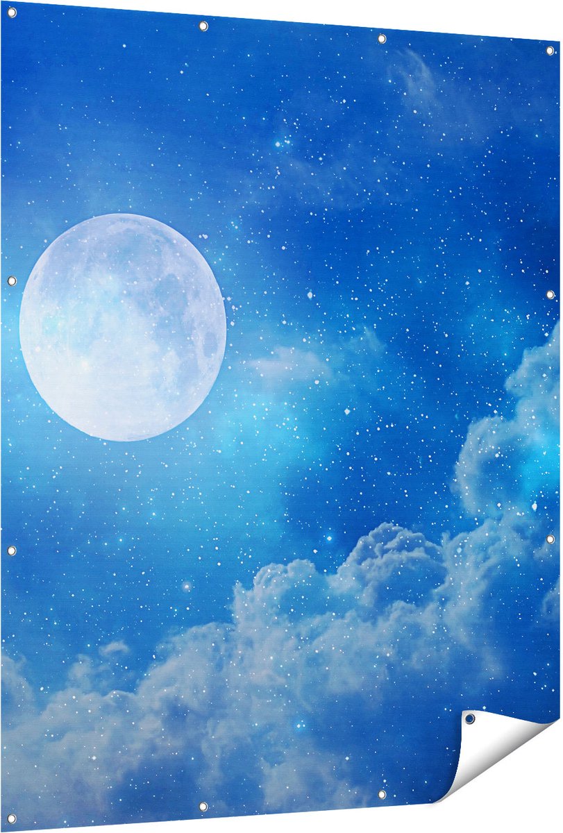 Gards Tuinposter Volle Maan in de Blauwe Hemel met Sterren - 120x150 cm - Tuindoek - Tuindecoratie - Wanddecoratie buiten - Tuinschilderij Multikleur