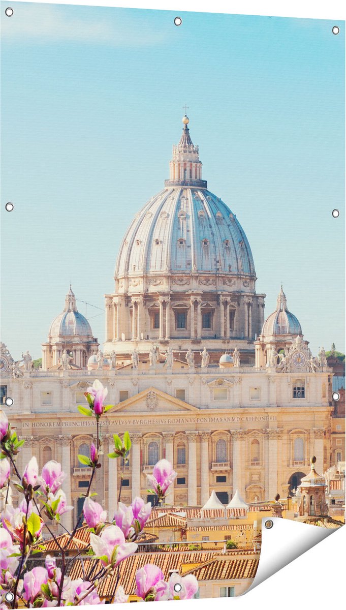 Gards Tuinposter Sint Pietersbasiliek in Rome met Bloemen - 80x120 cm - Tuindoek - Tuindecoratie - Wanddecoratie buiten - Tuinschilderij Multikleur