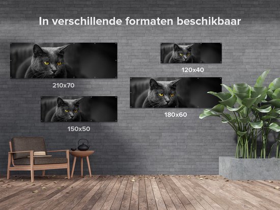 Gards Tuinposter Zwarte Kat met Gele Ogen - 150x50 cm - Tuindoek - Tuindecoratie - Wanddecoratie buiten - Tuinschilderij