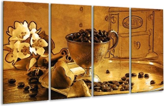 GroepArt - Glasschilderij - Koffie - Bruin, Geel - 160x80cm 4Luik - Foto Op Glas - Geen Acrylglas Schilderij - 6000+ Glasschilderijen Collectie - Wanddecoratie