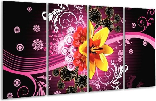 GroepArt - Glasschilderij - Abstract - Paars, Geel, Wit - 160x80cm 4Luik - Foto Op Glas - Geen Acrylglas Schilderij - 6000+ Glasschilderijen Collectie - Wanddecoratie