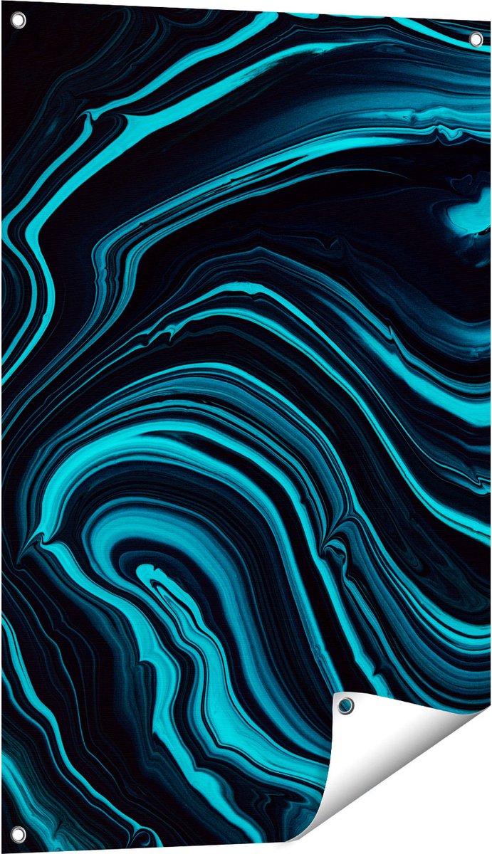 Gards Tuinposter Abstracte Kunst - Aqua Blauw met Zwart - 60x90 cm - Tuindoek - Tuindecoratie - Wanddecoratie buiten - Tuinschilderij Multikleur