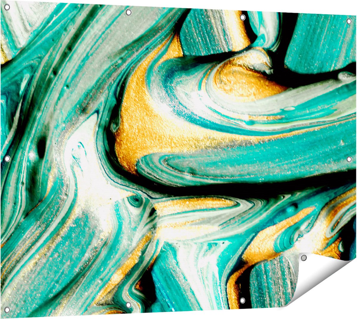 Gards Tuinposter Abstracte Kunst - Groen met Gouden Verf - 120x90 cm - Tuindoek - Tuindecoratie - Wanddecoratie buiten - Tuinschilderij Multikleur