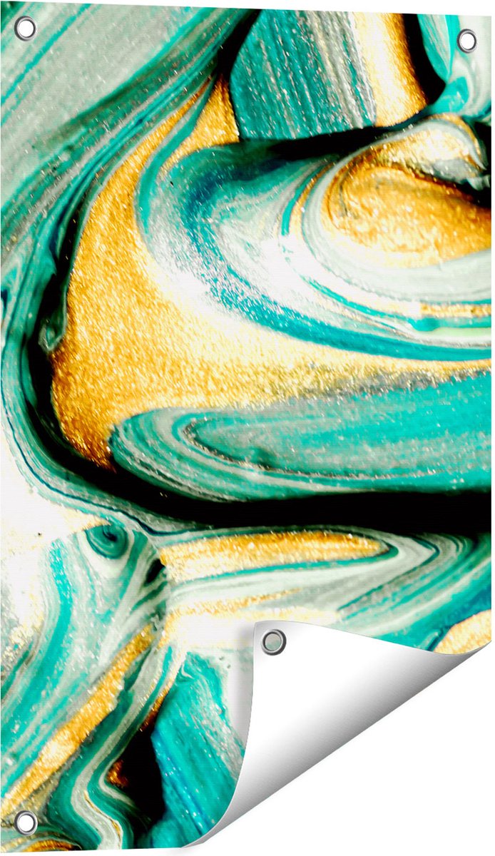 Gards Tuinposter Abstracte Kunst - Groen met Gouden Verf - 40x60 cm - Tuindoek - Tuindecoratie - Wanddecoratie buiten - Tuinschilderij Multikleur