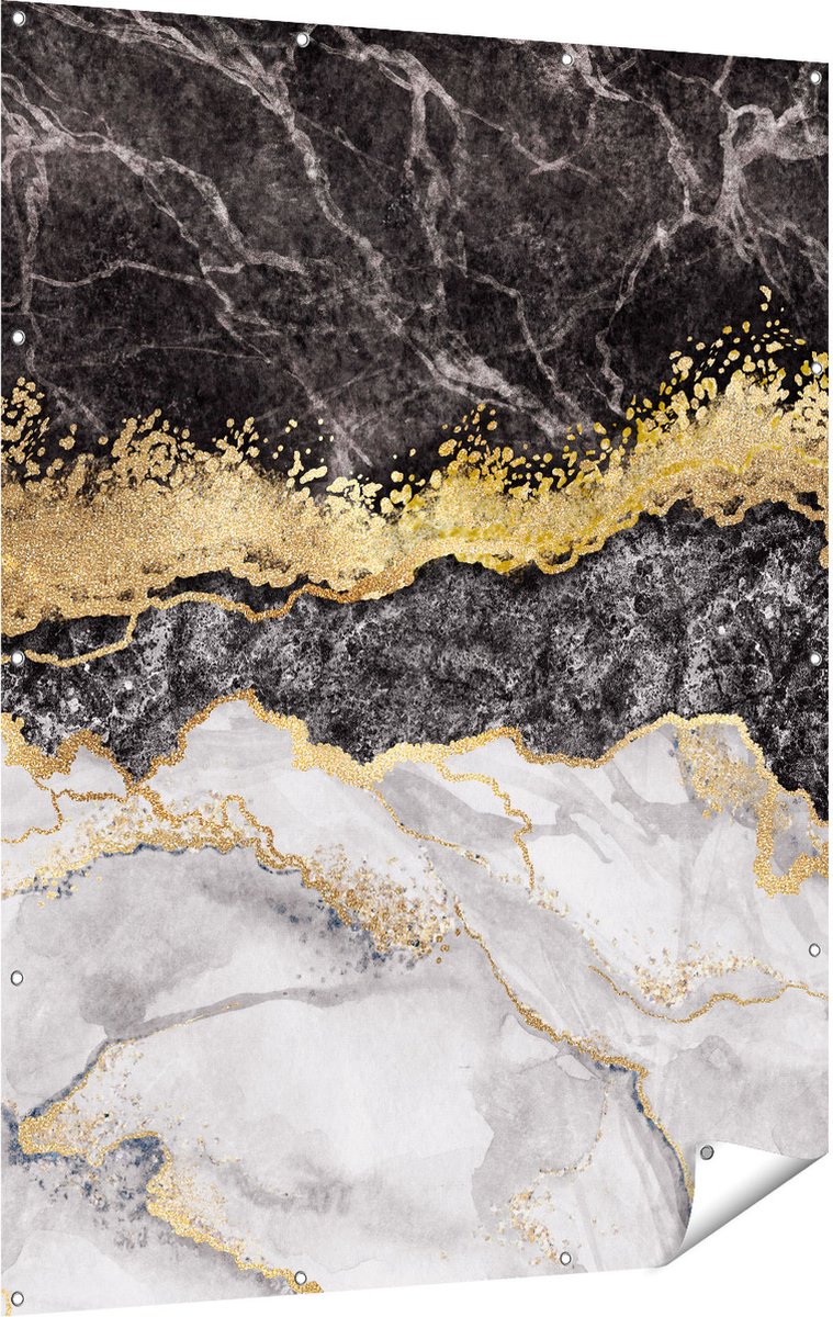 Gards Tuinposter Abstracte Kunst - Zwart met Witte Marmer - 120x160 cm - Tuindoek - Tuindecoratie - Wanddecoratie buiten - Tuinschilderij Multikleur
