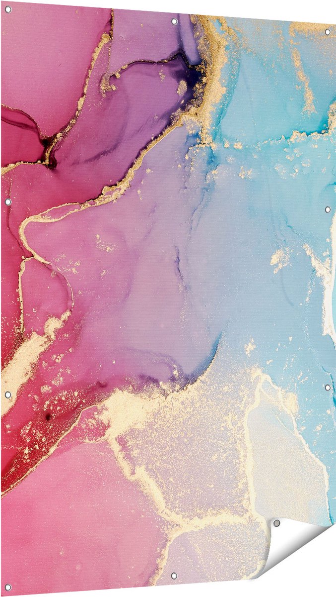 Gards Tuinposter Abstracte Kunst van Marmer - Roze met Blauw - 100x150 cm - Tuindoek - Tuindecoratie - Wanddecoratie buiten - Tuinschilderij Multikleur