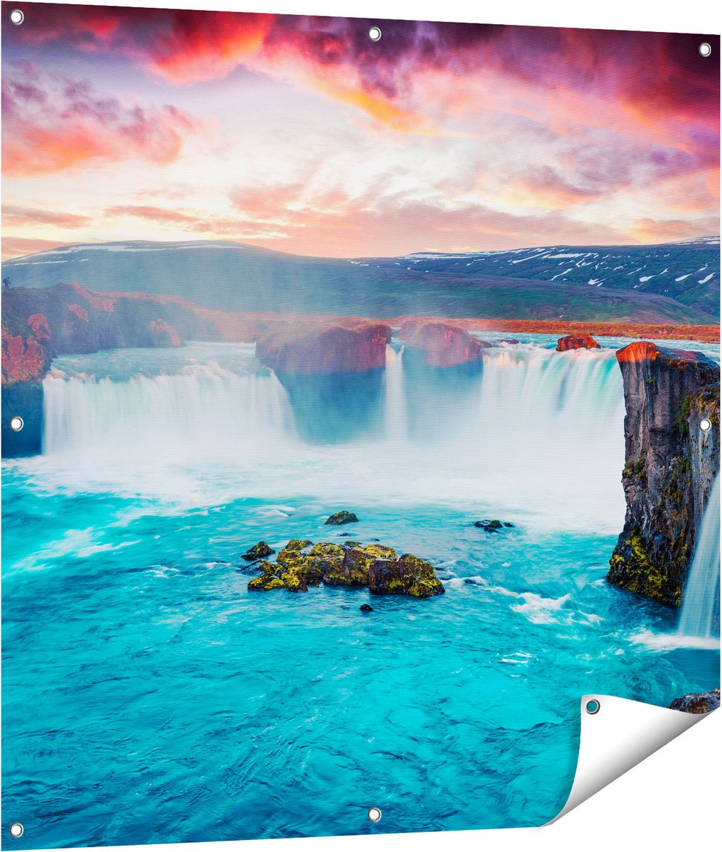 Gards Tuinposter Watervallen op het Blauwe Water in IJsland - 100x100 cm - Tuindoek - Tuindecoratie - Wanddecoratie buiten - Tuinschilderij Multikleur