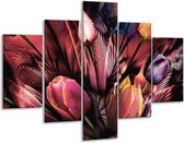 Glasschilderij -  Tulpen - Roze, Paars - 100x70cm 5Luik - Geen Acrylglas Schilderij - GroepArt 6000+ Glasschilderijen Collectie - Wanddecoratie- Foto Op Glas