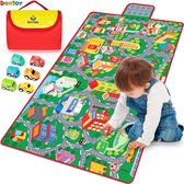 Speeltapijt voor de kinderkamer, 80 x 150 cm, autospeelmat met 6 auto's, groot spoormat, reisspeelgoed, pedagogisch straattapijt voor vloer, speelkamer, speelruimte