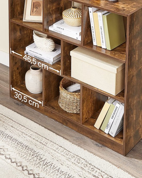 Boekenkast, vakkenkast industrieel, vitrine voor woonkamer, Boekenrek slaapkamer, kinderkamer en kantoor, 97,5 x 100 x 30 cm (L x B x H), vintage, donkerbruine