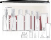 set van 14 lege reisflessen (max. 100 ml) reisformaten container om te vullen, reisset flessen voor cosmetica vliegtuig (transparant)