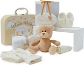 New Baby Party Gift Basket - with fleece, hooded towel, baby clothes, 2 gauze scarves and cute brown teddy bear