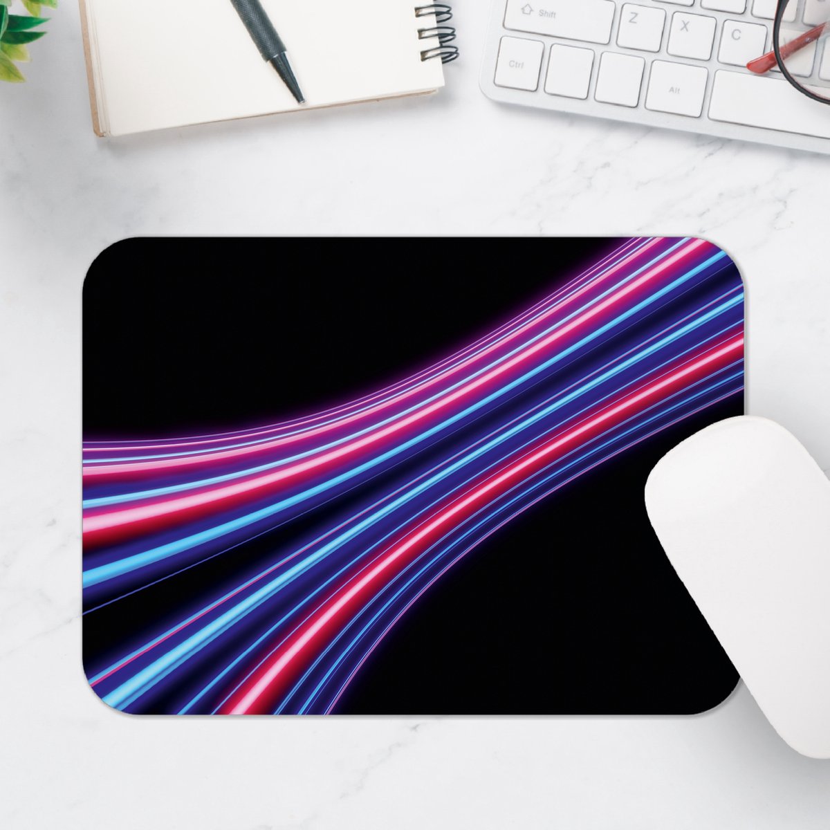 Muismat - Cirkelvormige Roze, Paarse en Blauwe Neon Strepen - 25x18 cm - 2 mm Dik - Muismat van Vinyl