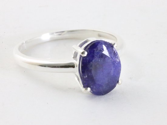 Fijne hoogglans zilveren ring met blauwe saffier - maat 17.5