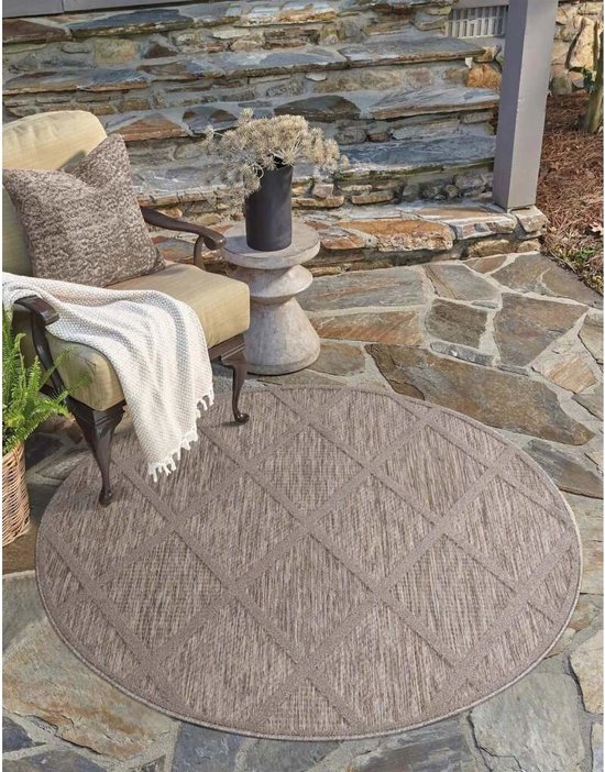 Flycarpets Caprenia Bruin Buitenkleed Rond - Vloerkleed Buiten - Laagpolig Tuinkleed, Tuintapijt, Buitentapijt - 120 cm