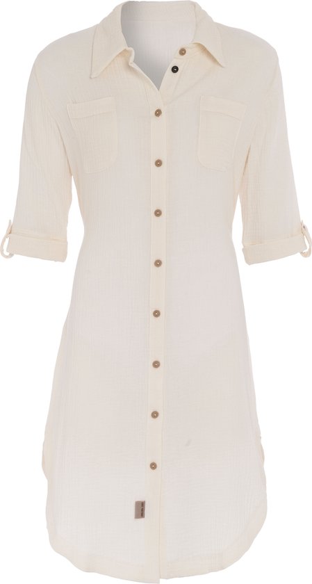 Knit Factory Kim Dames Blousejurk - Lange blouse dames - Blouse jurk beige - Zomerjurk - Overhemd jurk - M - Beige - 100% Biologisch katoen - Knielengte