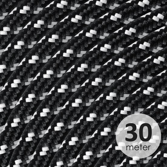 Home Sweet Home - Strijkijzersnoer Zwart Wit - stof - bestel 30 meter - elektriciteitssnoer 3 aderig - textielkabel 3x0.75m² - VDE gekeurd elektriciteitskabel - maak zelf je eigen unieke lamp!