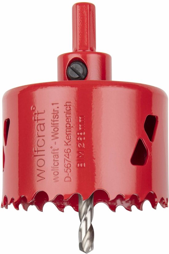 Rode wolfcraft gatenzaag met scherpe tanden en een boor.