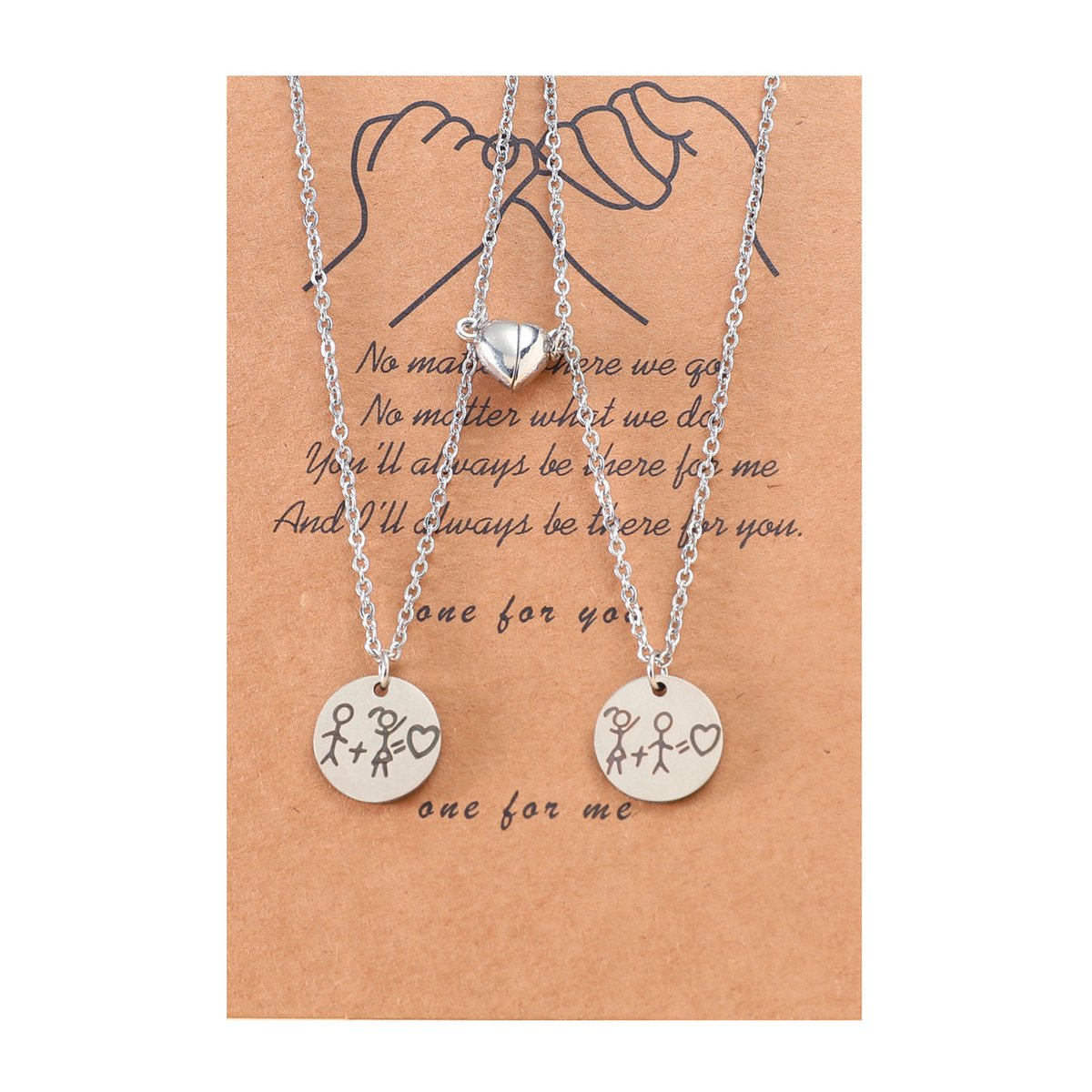 BFF Ketting voor 2 met Poppetjes en Magneet Hartje Zilverkleurig - Vriendschapsketting met Cadeau kaartje - Pax Amare