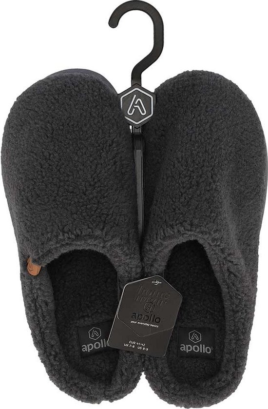 Donkergrijze teddy pantoffels met een bruin Apollo label.