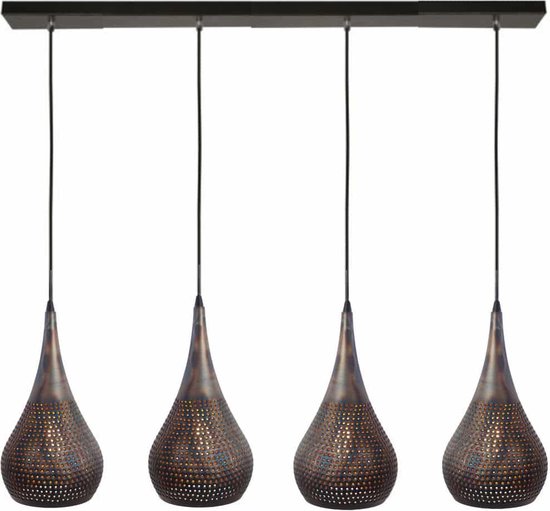 Landelijke hanglamp Bruciato | 4 lichts | gevlamd bruin / zwart | metaal | in hoogte verstelbaar tot 160 cm | 120 x 8 cm balk | eetkamer / eettafellamp | modern / sfeervol design