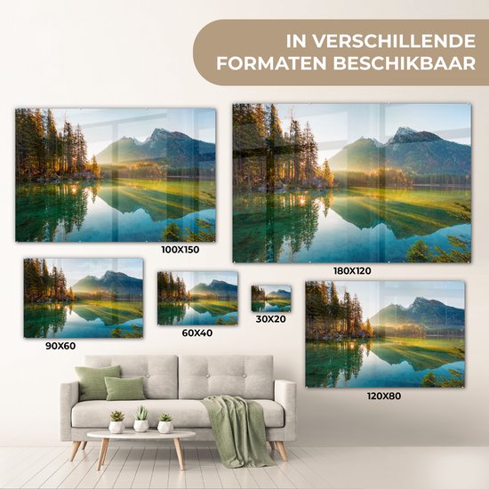 Peinture sur verre - Feuille acrylique - Lac - Water - Vert - Montagnes - Arbre - Décoration murale - Peinture sur verre - Verre acrylique - Photo sur verre - 120x80 cm - Peinture sur verre nature - Décoration murale