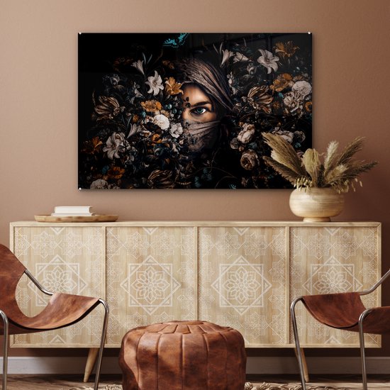 Peinture sur Verre - Femme - Foulard - Fleurs - Papillons - 120x80 cm - Peintures sur Verre Peintures - Photo sur Glas