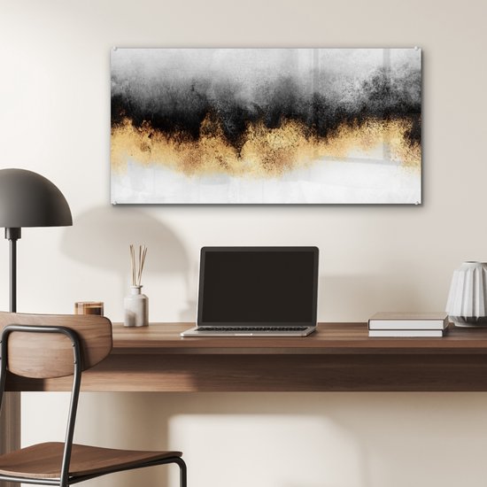 MuchoWow® Peinture sur Verre - Goud - Chic - Abstrait - Zwart - Wit - Luxe - 80x40 cm - Peintures sur Verre Acrylique - Photo sur Glas
