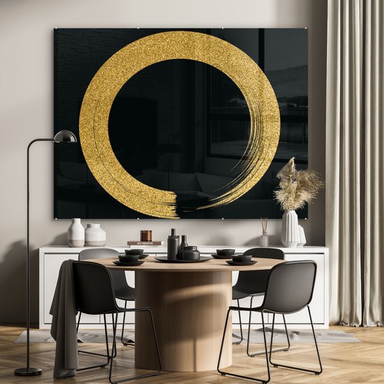MuchoWow® Peinture sur verre 160x120 cm - Peinture sur verre - Cercle de paillettes dorées sur fond noir - Photo sur verre acrylique - Peintures