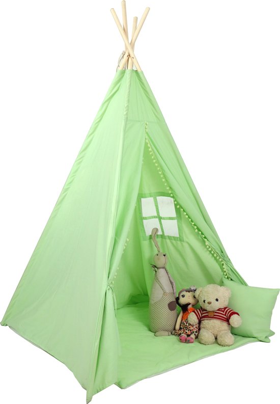 Tipi tent - speeltent - met vloermat en kussens – groen