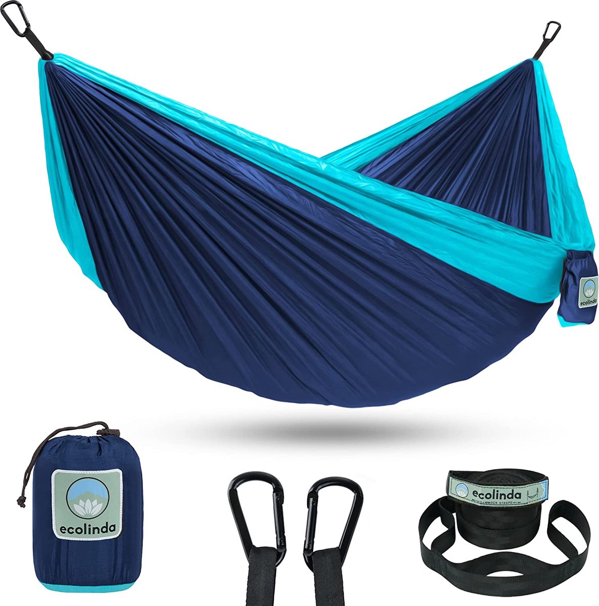 ecolinda® Premium hangmat, ultralicht, 2 personen, 225 kg draagkracht 305 x 200 cm, sneldrogend parachutenylon, 2 x premium karabijnhaken, 2 x nylon lussen, camping, outdoor, tuin, binnen