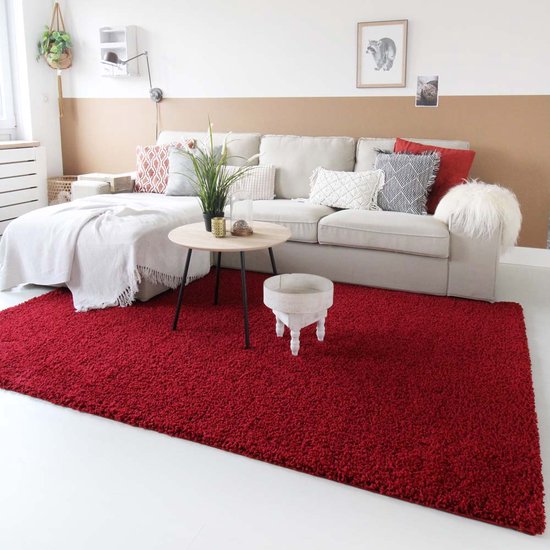 Vierkant hoogpolig vloerkleed shaggy Trend effen - rood 160x160 cm