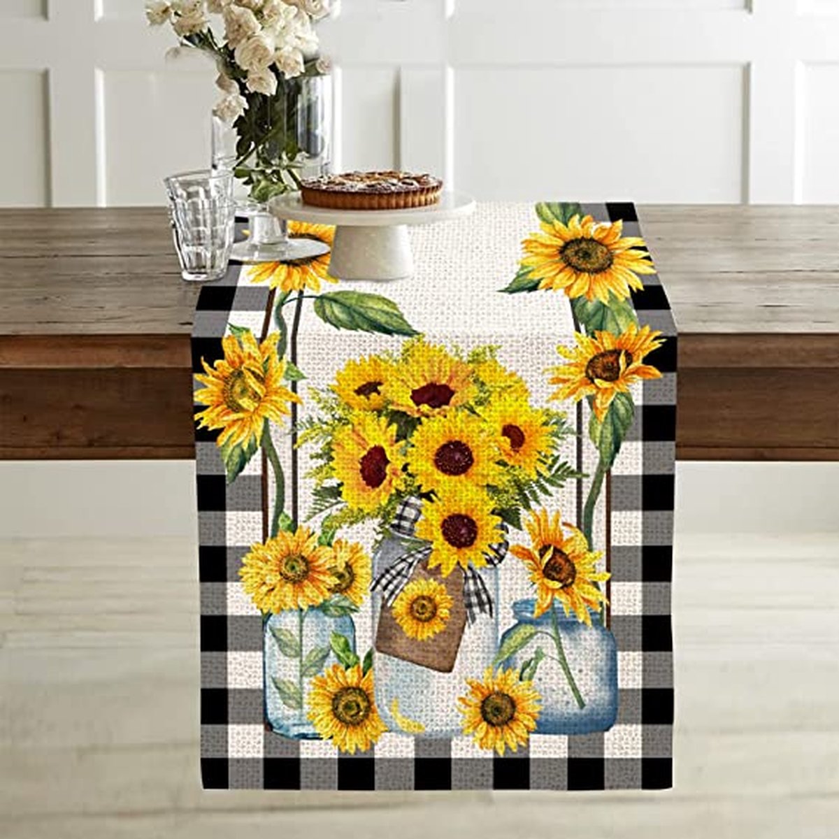 Tafelloper lente linnen tafellinnen modern bruin en grijs bloemen boho tafeldecoratie 33 x 183 cm tafelloper boerderij tafelblad voor keuken eettafel feest banket bruiloft salontafel biertafel buiten