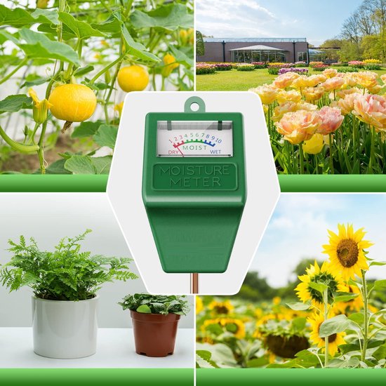 Collage van planten, bloemen en groenten met een groene vochtigheidsmeter in het midden.