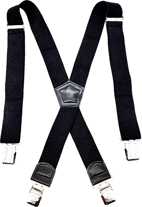 Bretels Zwart - 4 Clips - Met extra stevige, sterke en brede klem die niet losschieten! met een Elastische broekriem Stretch riem Zwart 130 cm