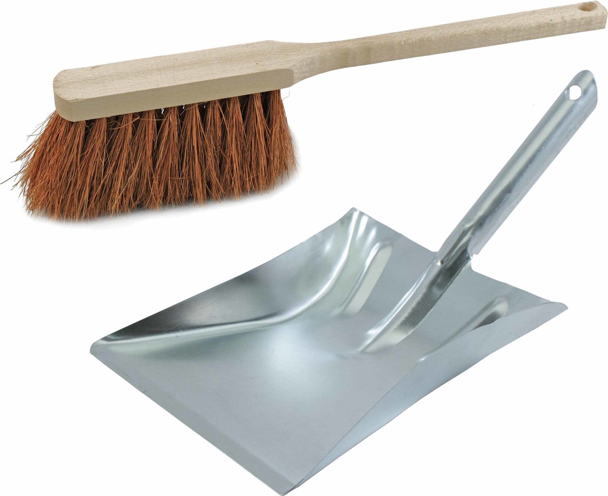 Goedkoopste Stoffer en blik zilver met lange steel van verzinkt metaal en kokosvezel voor binnen en buiten