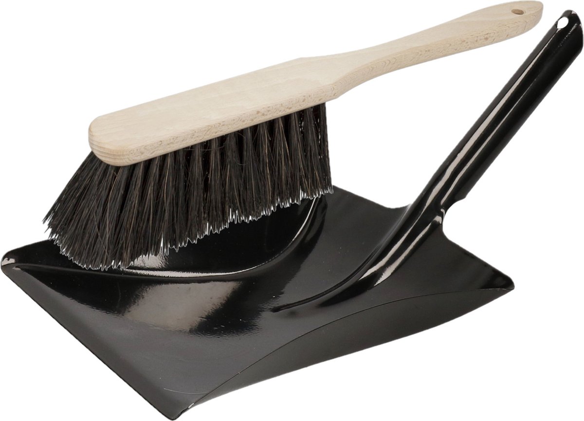 Goedkoopste Stoffer en blik zwart van metaal/Arenga vezel /hout met lange steel voor binnen